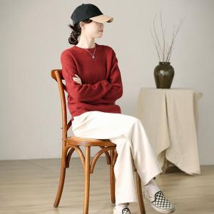 Basic Style Crew Neck Red Pullover Sweater