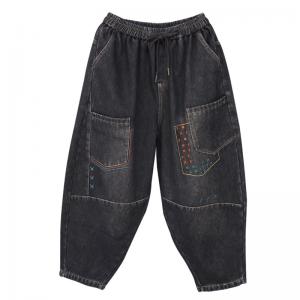 Embroidery Patched Pocket Black Baggy Jeans