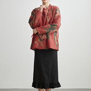 Mandarin Collar Peony Patterned Red Quilted Coat