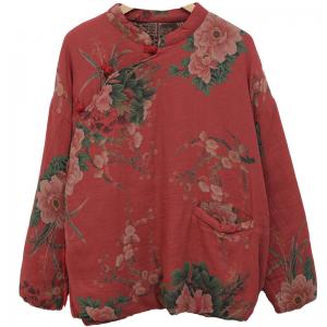 Mandarin Collar Peony Patterned Red Quilted Coat