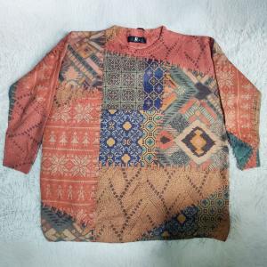 Folk Printed Long Sleeve Red Sweater Cotton Blend Pullover Sweater