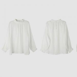 Stand Collar Long Sleeves White Linen Winery Blouse