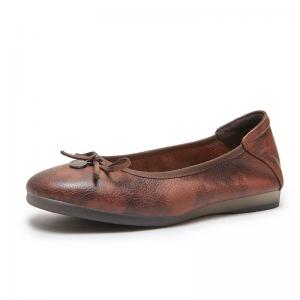 Bowknot Round Toe Cowhide Granny Flats