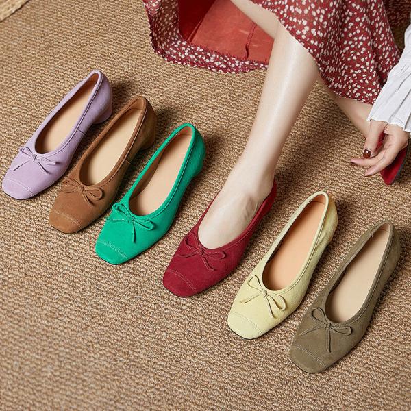 Chunky Heels Sheep Skin Business Suede Bowknot Shoes