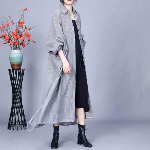 Vertical Pinstriped Light Gray Cotton Linen Polo Dress