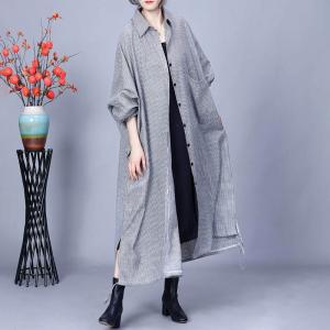 Vertical Pinstriped Light Gray Cotton Linen Polo Dress