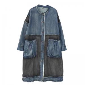 Black and Blue Button Down Fringed Jean Jacket Coat