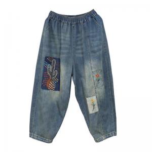 Cactus and Flowers Baggy Embroidery Jeans