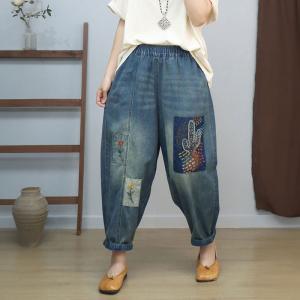 Cactus and Flowers Baggy Embroidery Jeans