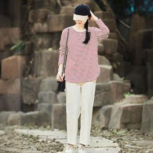 Women Long Sleeves Classic Striped Tee
