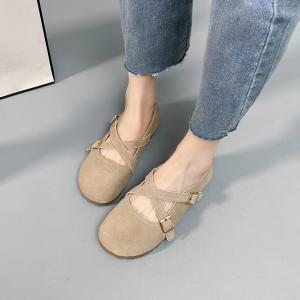 Double Buckles Round Toe Suede Flats