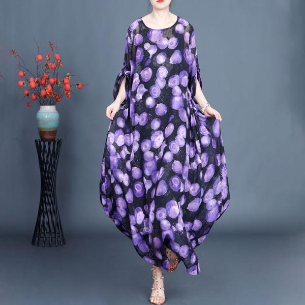 Purple Polka Dot Flouncing Silk Dress