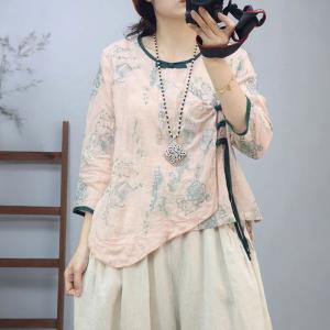 Chinese Side Buttons Ramie Embroidery Blouse