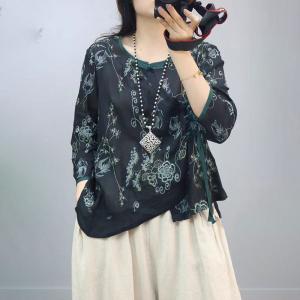 Chinese Side Buttons Ramie Embroidery Blouse