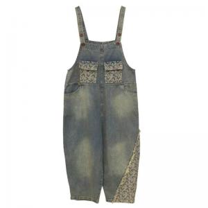 Printed Patchwork Fringed Stone Wash Overalls