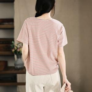 V-Neck Red Striped Cotton Casual T-shirt