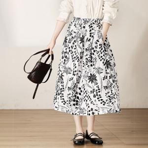 Black Flowers Prints Linen Midi Skirt