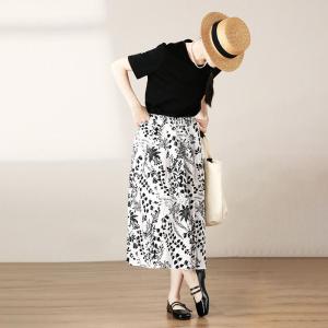 Black Flowers Prints Linen Midi Skirt