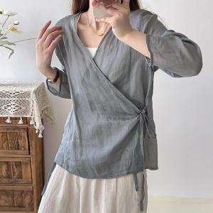 V-Neck Long Sleeves Gray Tied Wrap Blouse