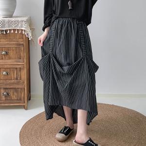Vertical Striped Cotton Pleated Maxi Skirt