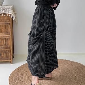 Vertical Striped Cotton Pleated Maxi Skirt