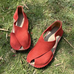 Peep Toe Leather Slip-On Flat Sandals