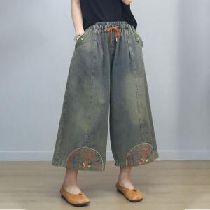 Chinese Embroidery Pull-On Wide Leg Jeans