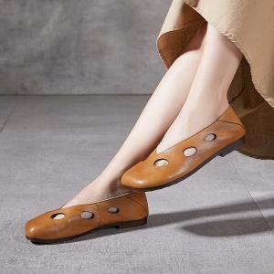 Round Toe Genuine Leather Holes Flat Comfort Shoes