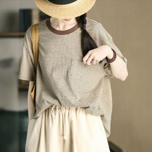 Coffee Stripes Casual Crew Neck Oversized T-shirt