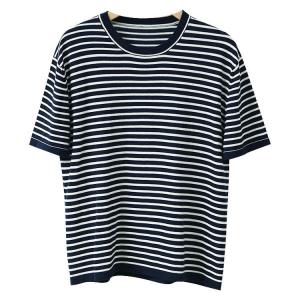 Blue Striped Short Sleeves Casual Tee