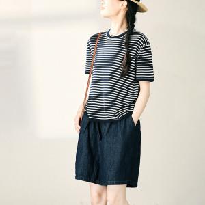 Blue Striped Short Sleeves Casual Tee