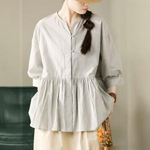 Beading Buttons Puff Sleeves Cute Plaid Doll Blouse