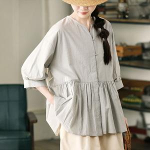 Beading Buttons Puff Sleeves Cute Plaid Doll Blouse