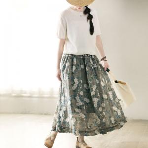 Summer Flowers Patterned Ramie Maxi Resort Skirt