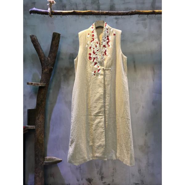 Beautiful Floral Embroidery Long Linen Elegant Vest Quilted Custom Waistcoat