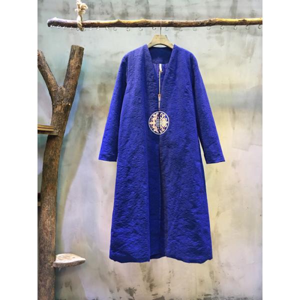 V-neck Nice Embroidery Cotton Linen Chinese Coat Loose Long Vintage Coat