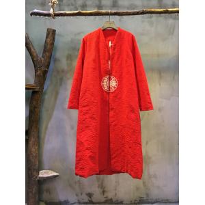 V-neck Nice Embroidery Cotton Linen Chinese Coat Loose Long Vintage Coat