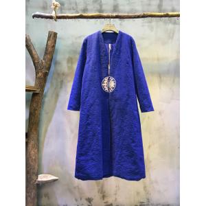 V-neck Nice Embroidery Cotton Linen Chinese Coat Loose Long Vintage Coat