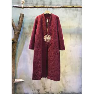 V-neck Nice Embroidery Cotton Linen Chinese Coat Loose Long Vintage Coat