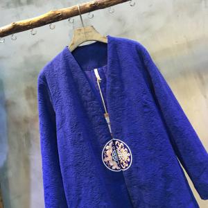 V-neck Nice Embroidery Cotton Linen Chinese Coat Loose Long Vintage Coat