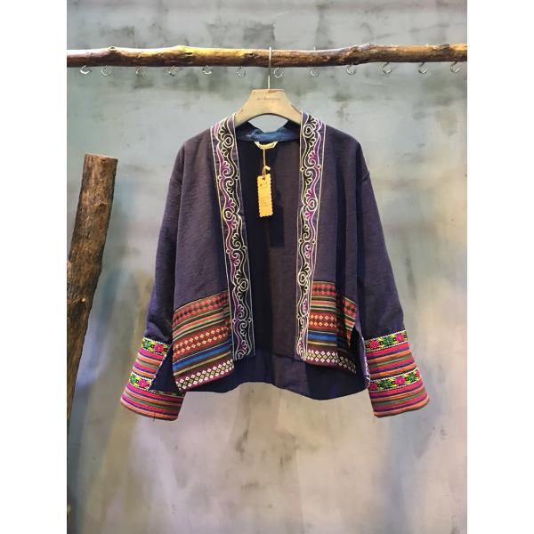 Retro Style Ethnic Embroidery Short Cardigan  Flax Chinese Coat