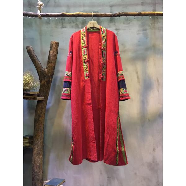 Folk Embroidery Vintage Red Cardigan Hem Slit Customized Chinese Coat