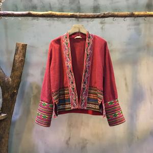 Retro Style Ethnic Embroidery Short Cardigan  Flax Chinese Coat