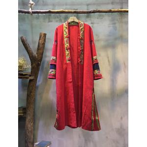 Folk Embroidery Vintage Red Cardigan Hem Slit Customized Chinese Coat