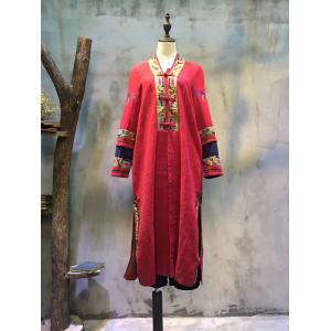 Folk Embroidery Vintage Red Cardigan Hem Slit Customized Chinese Coat