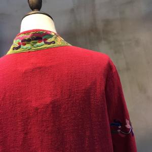 Folk Embroidery Vintage Red Cardigan Hem Slit Customized Chinese Coat