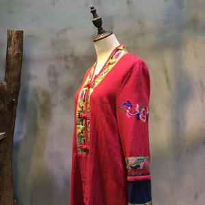 Folk Embroidery Vintage Red Cardigan Hem Slit Customized Chinese Coat