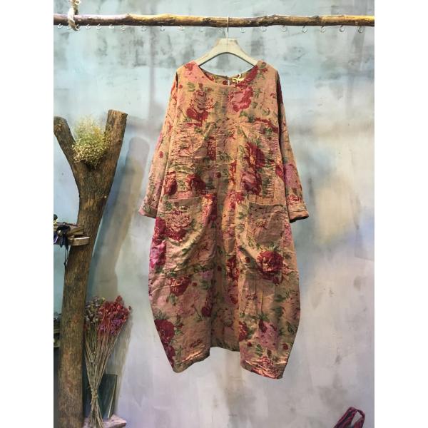 Front Patch Pockets Plus Size Dress Linen Floral Senior Woman Dress