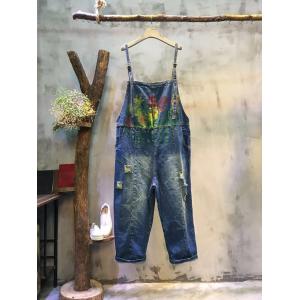 Fashion Artistic Print Denim Overalls Ripped Jumpsuits