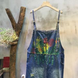 Fashion Artistic Print Denim Overalls Ripped Jumpsuits